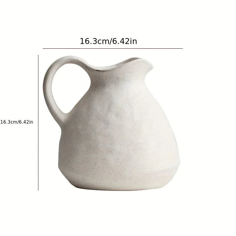 Ceramic Kettle Vase, Rustic White Cylinder Pottery with Handle, close-up view - House Of Avana