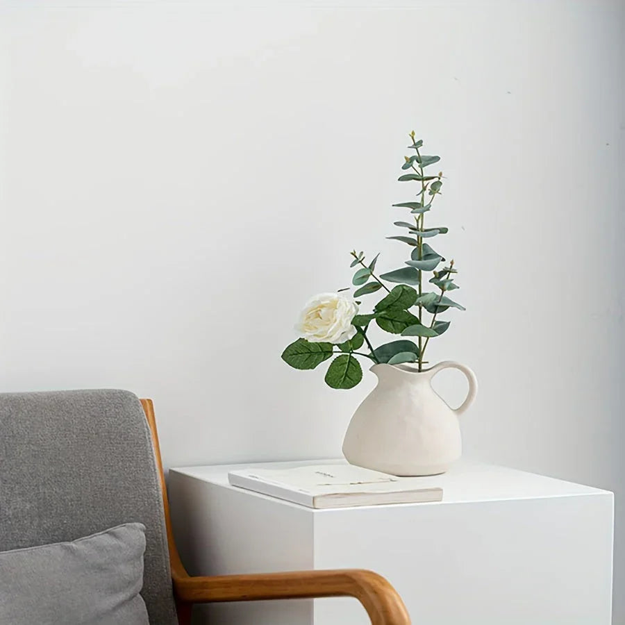 Ceramic Kettle Vase, Rustic White Cylinder Pottery with Handle, dimensions view - House Of Avana