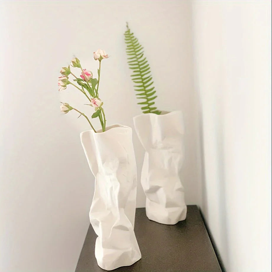 [white Ceramic Vase] Unique White Ceramic Modern Pleated Vase | Minimalist Boho Home Decor, Perfect for... - House Of Avana