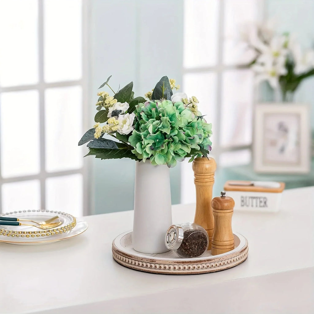 White washed wood round tray, decorative bead edge, rustic décor - House of Avana