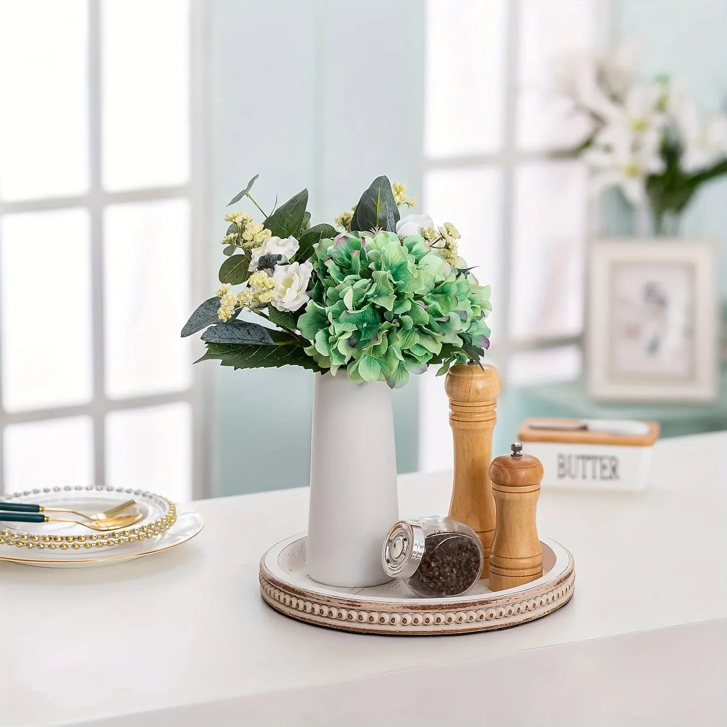 White washed wood round tray, decorative bead edge, rustic décor - House of Avana