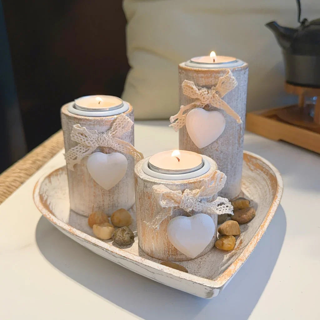 White Wood Candle Holder Set, Tea Light Candle Holders, Wooden Decorative Bowl with Tealight Candle Holders, Wood Pillar Candle Holders, Ins Style Wedding Anniversary Gift, Party Decor, House Warming Gift, Gift for Her House Of Avana