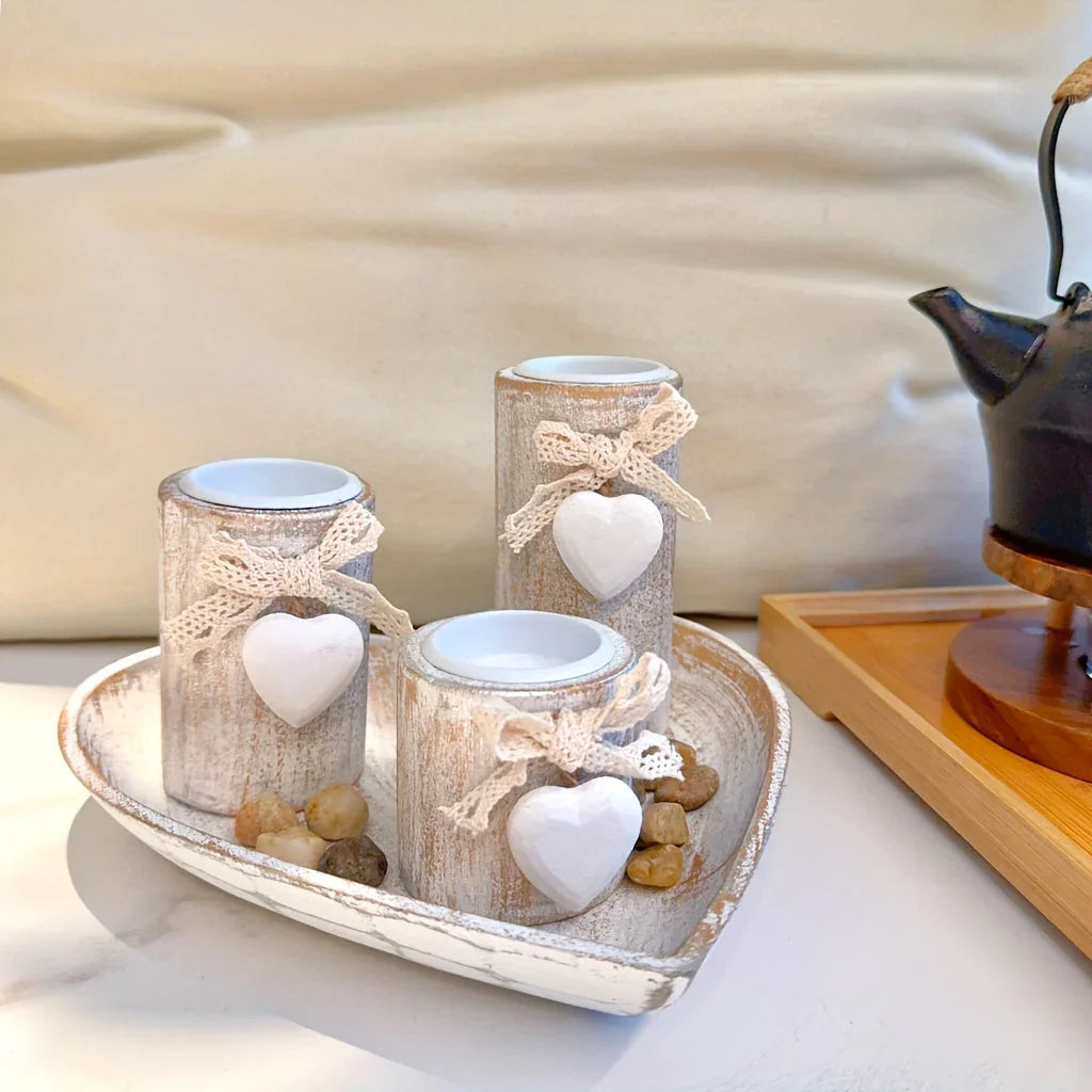 White Wood Candle Holder Set, Tea Light Candle Holders, Wooden Decorative Bowl with Tealight Candle Holders, Wood Pillar Candle Holders, Ins Style Wedding Anniversary Gift, Party Decor, House Warming Gift, Gift for Her House Of Avana