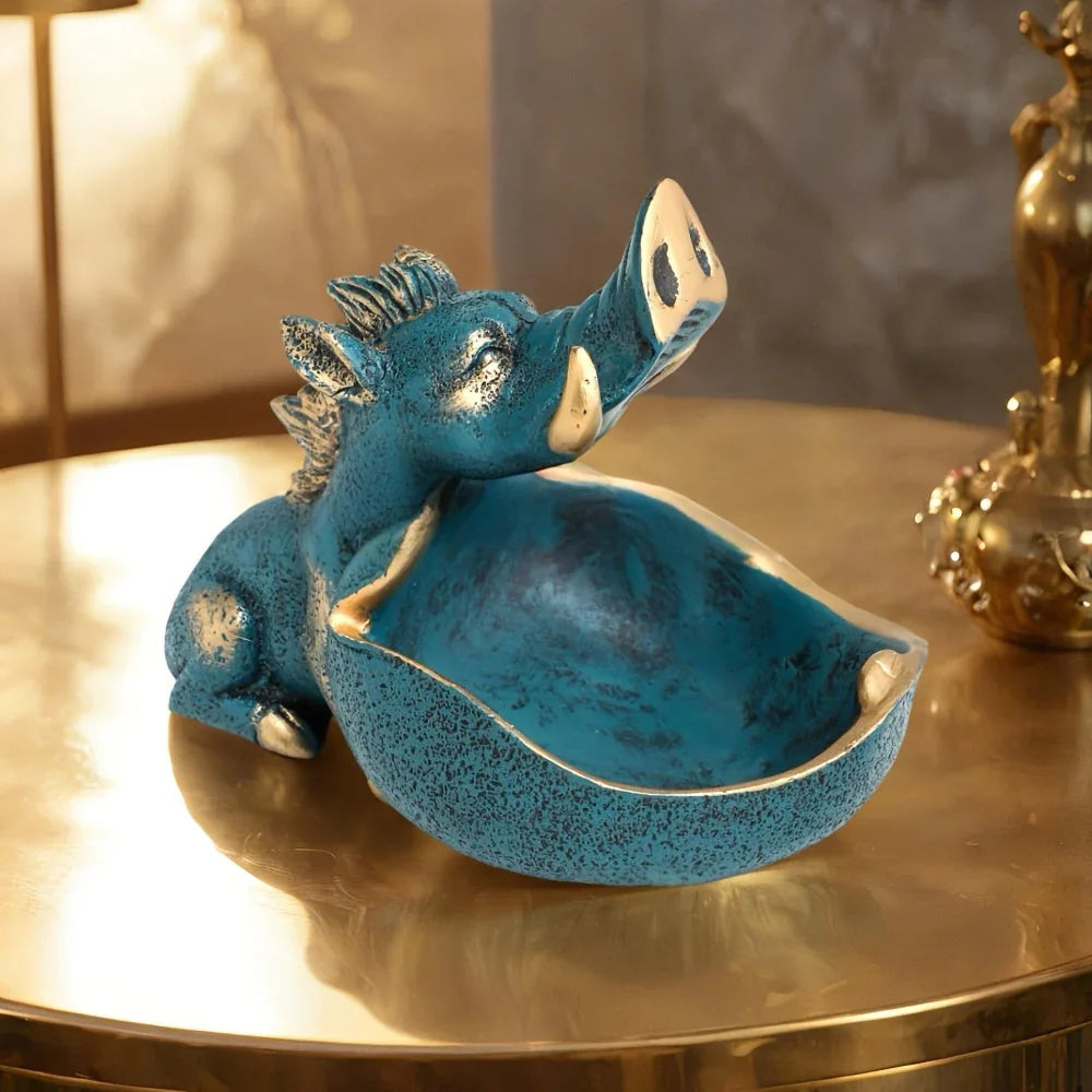 Wooden wild boar statue with storage tray, natural finish - House of Avana