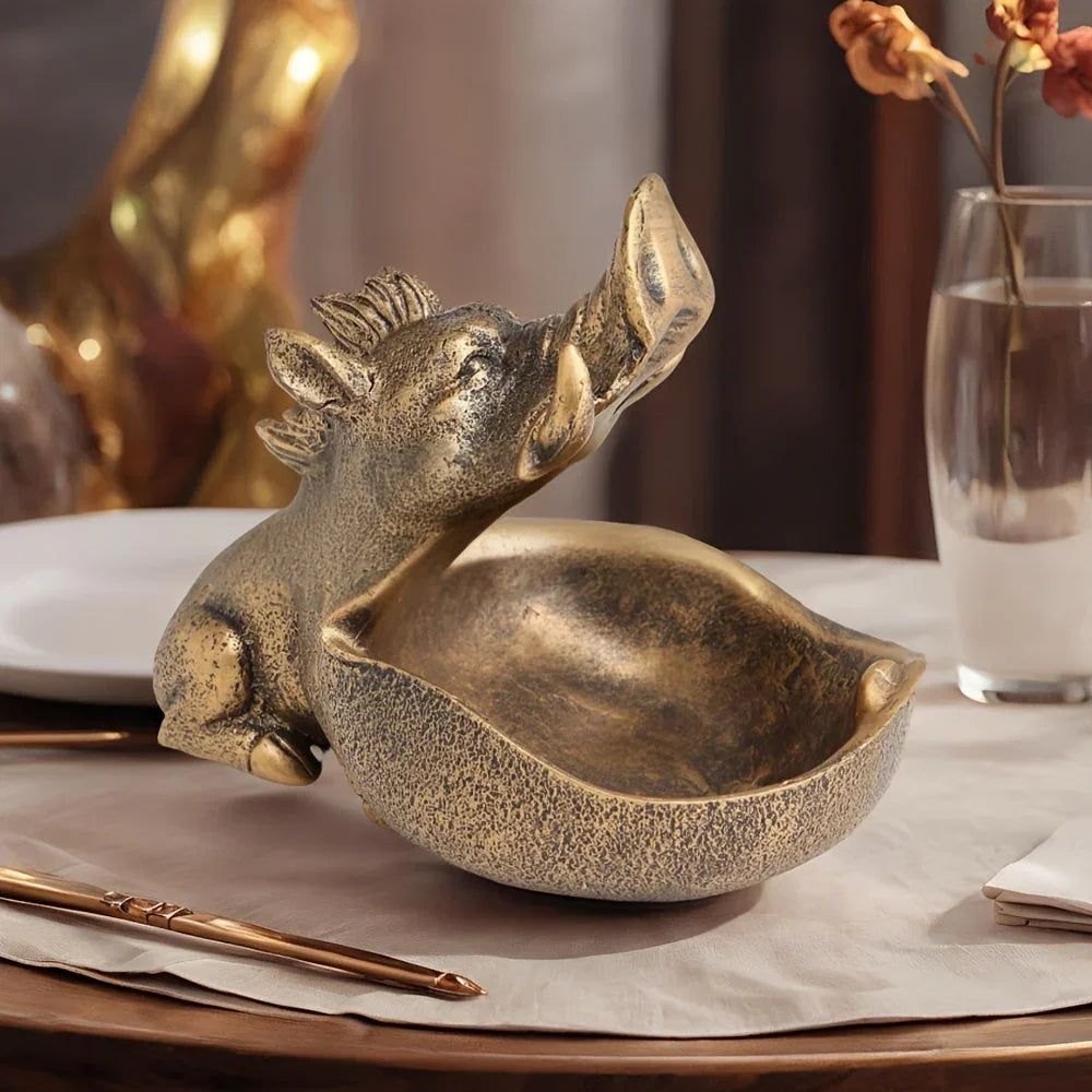 Wooden wild boar statue with storage tray, natural finish - House of Avana