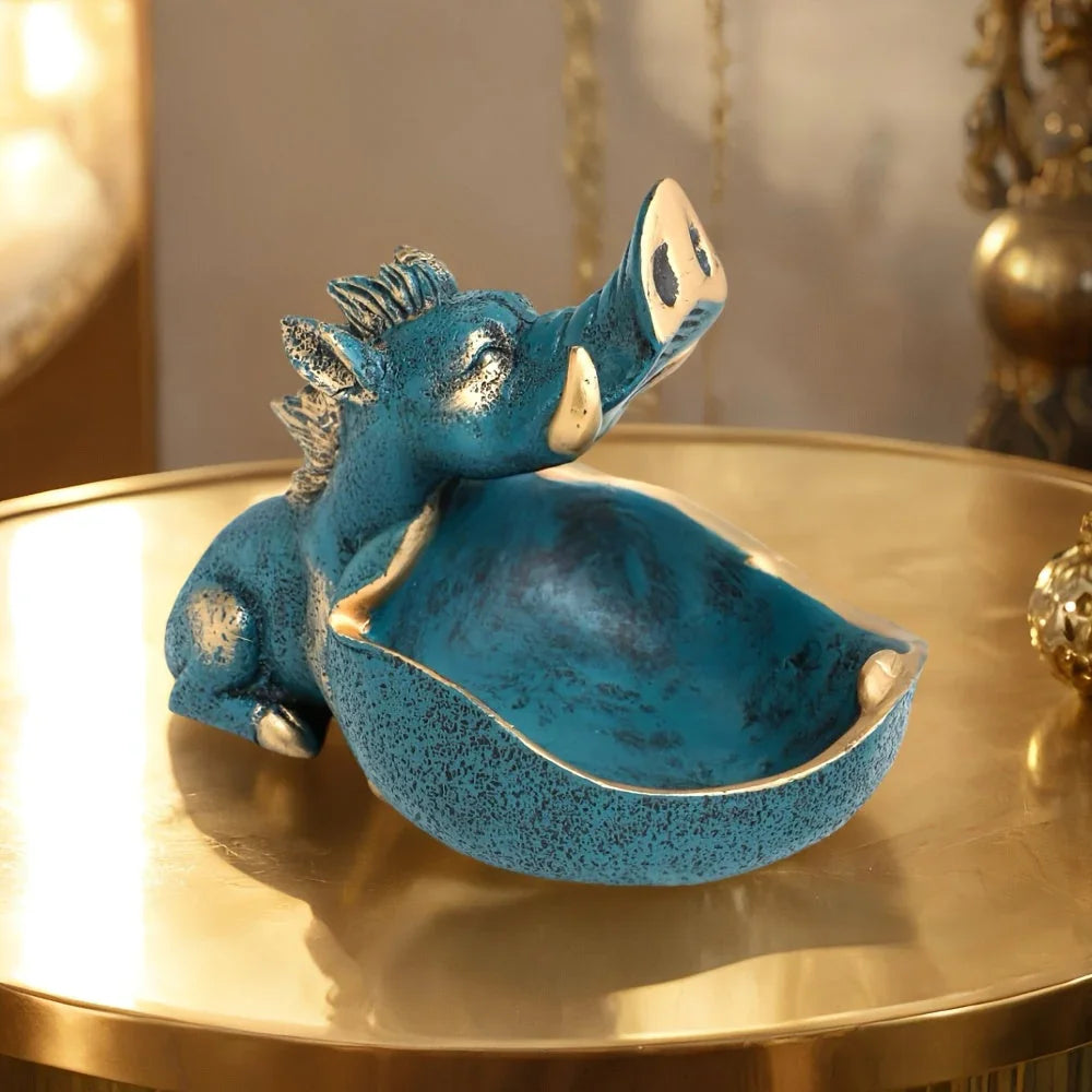 Wooden wild boar statue with storage tray, natural finish - House of Avana