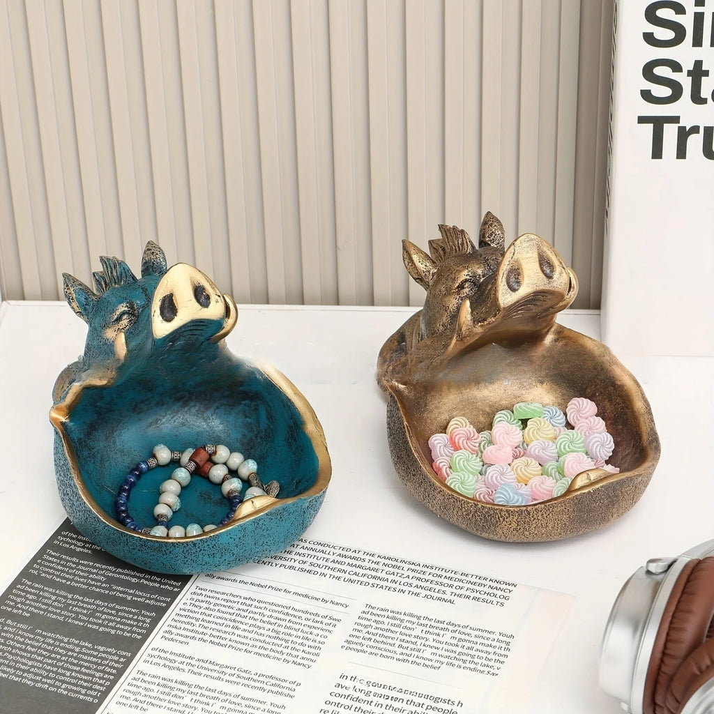 Wooden wild boar statue with storage tray, natural finish - House of Avana