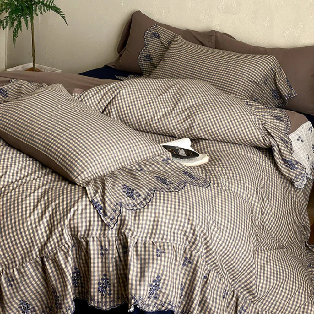 Willa Retro Double Gauze Gingham Bedding Set / Brown Ever Lasting