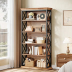 71 Inch Industrial 6-tier Bookcase - Sturdy Wood & Metal X-pattern Design, 75lb Capacity Shelves, Easy... - House Of Avana