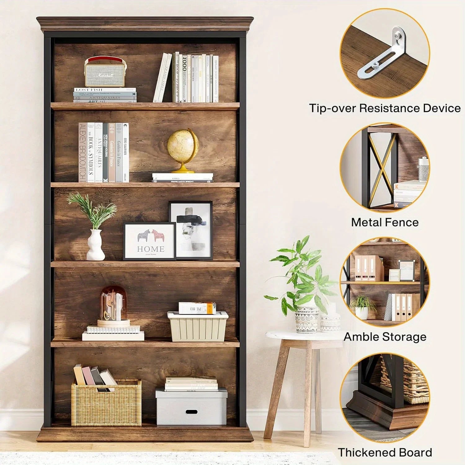 71 Inch Industrial 6-tier Bookcase - Sturdy Wood & Metal X-pattern Design, 75lb Capacity Shelves, Easy... - House Of Avana