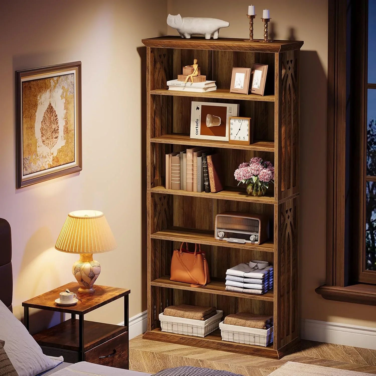 [Large Bookcase] Large 75-Inch Tall Bookcase | 6-Tier Bookshelf, Freestanding Wood Display Shelves for Living Room, Home Office, Bedroom - Brown House Of Avana