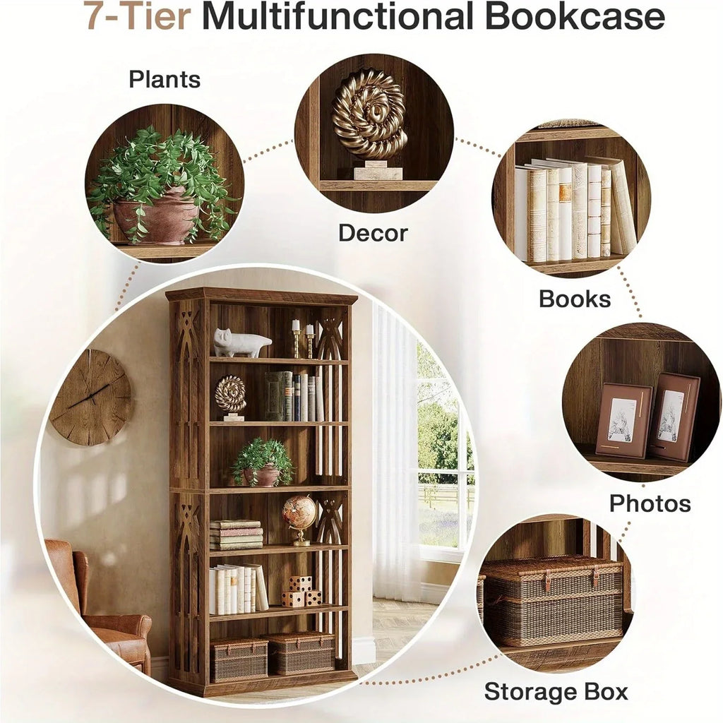 [Large Bookcase] Large 75-Inch Tall Bookcase | 6-Tier Bookshelf, Freestanding Wood Display Shelves for Living Room, Home Office, Bedroom - Brown House Of Avana
