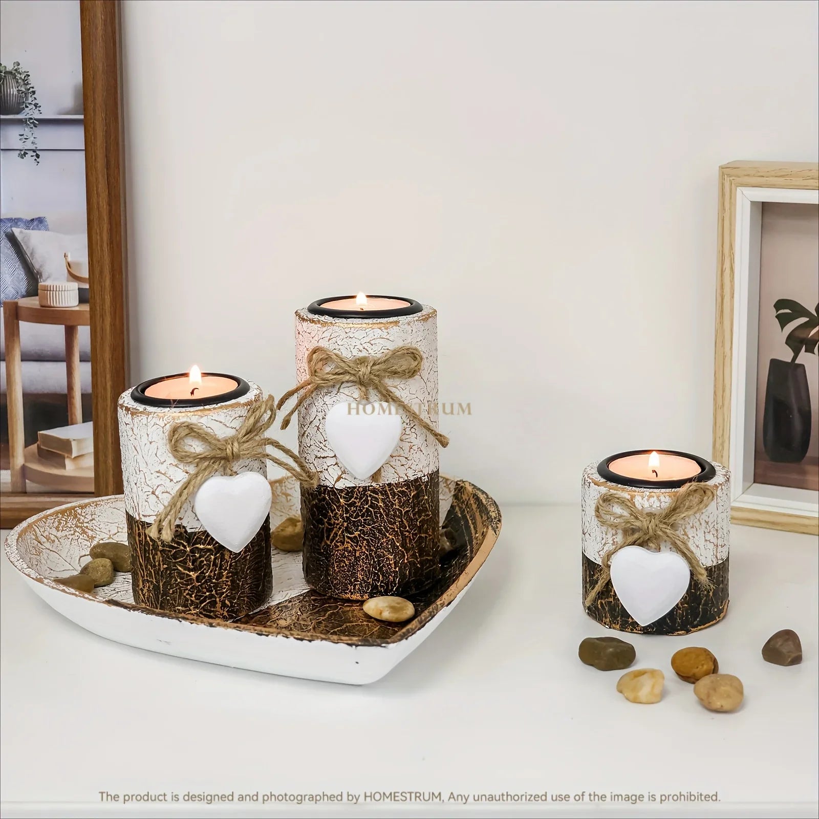 S White Wooden Candlestick Set with Heart Tray & Tea Light Holders - Rustic Farmhouse Candle Holders... - House Of Avana