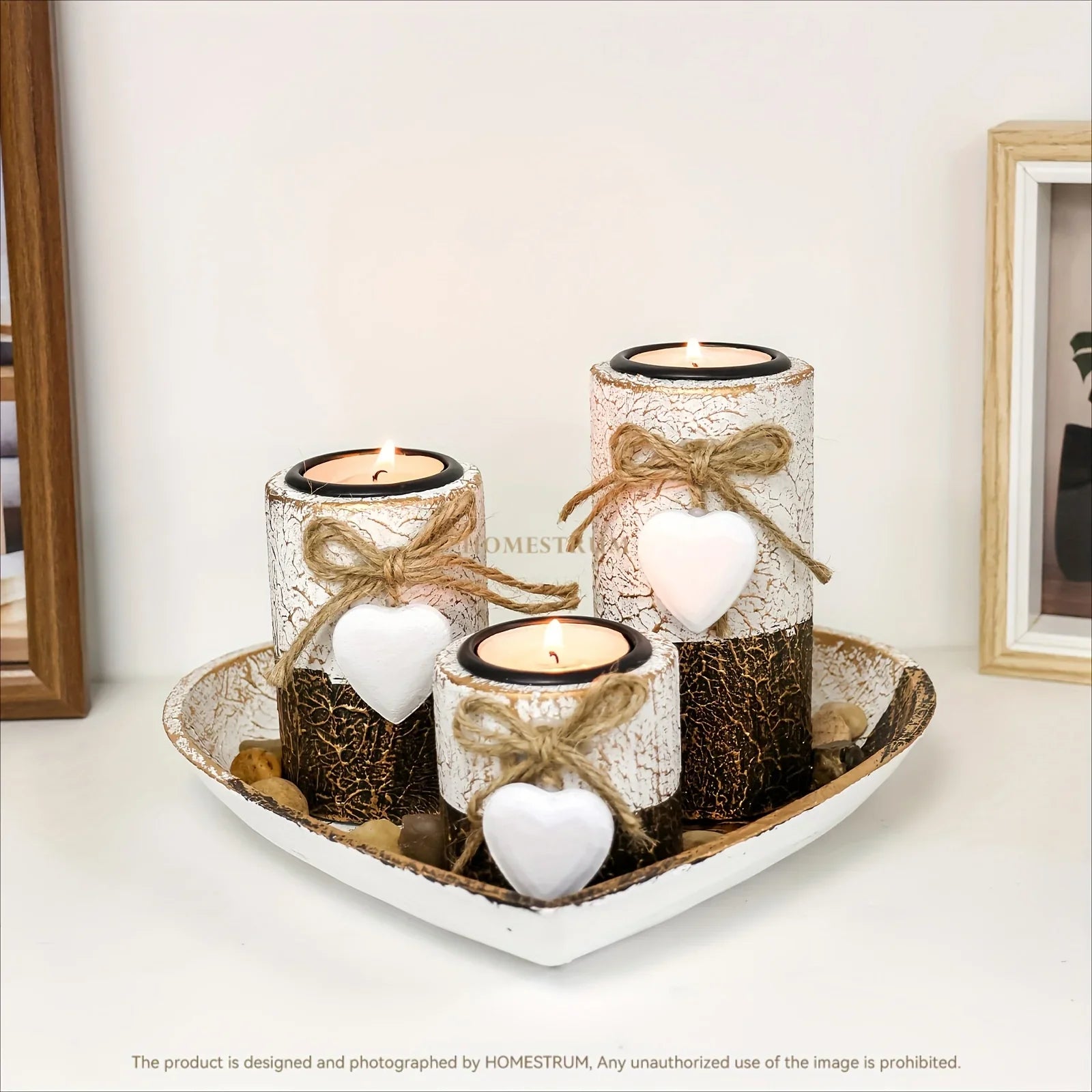 S White Wooden Candlestick Set with Heart Tray & Tea Light Holders - Rustic Farmhouse Candle Holders... - House Of Avana