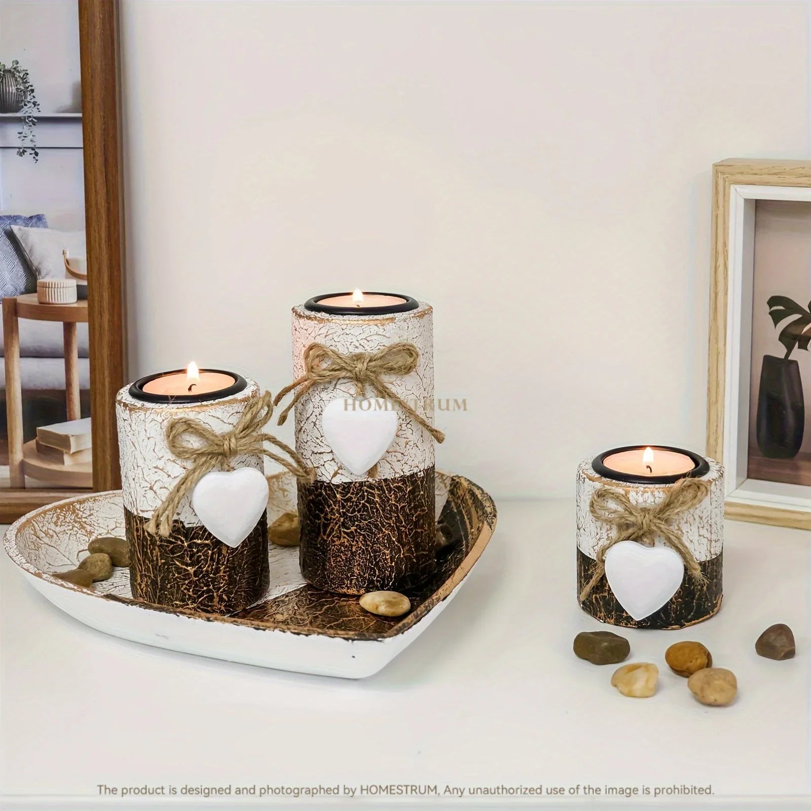 S White Wooden Candlestick Set with Heart Tray & Tea Light Holders - Rustic Farmhouse Candle Holders... - House Of Avana