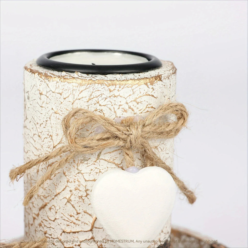 S White Wooden Candlestick Set with Heart Tray & Tea Light Holders - Rustic Farmhouse Candle Holders... - House Of Avana