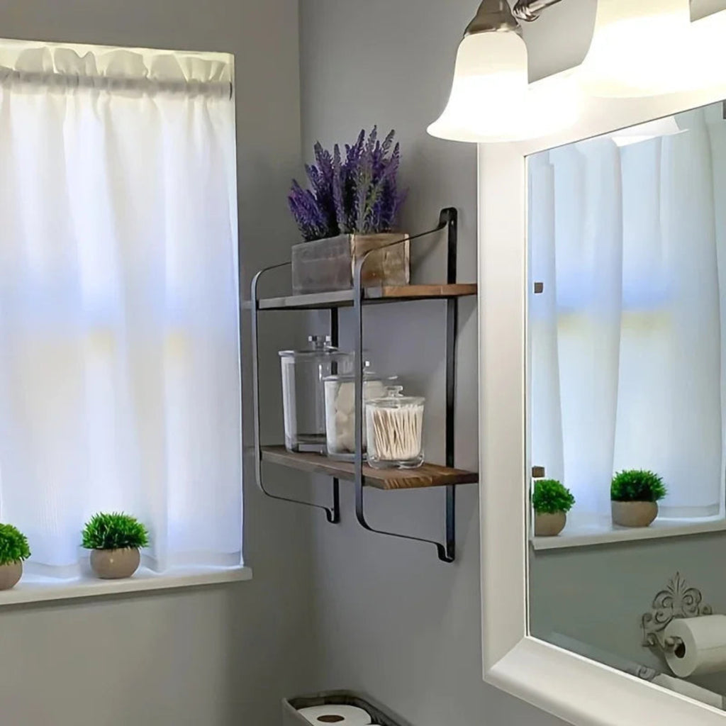 Brown wood dual-layer floating shelves, classic design - House of Avana