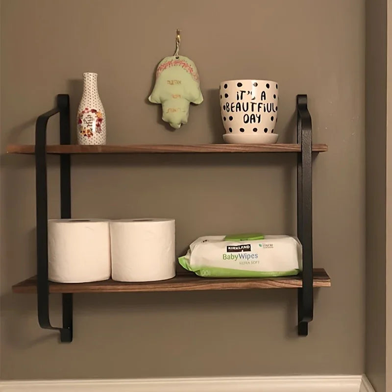 Brown wood dual-layer floating shelves, classic design - House of Avana