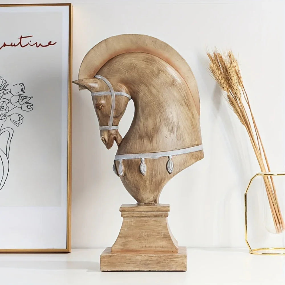 Brown handcrafted wood horse figurine with intricate details - House of Avana