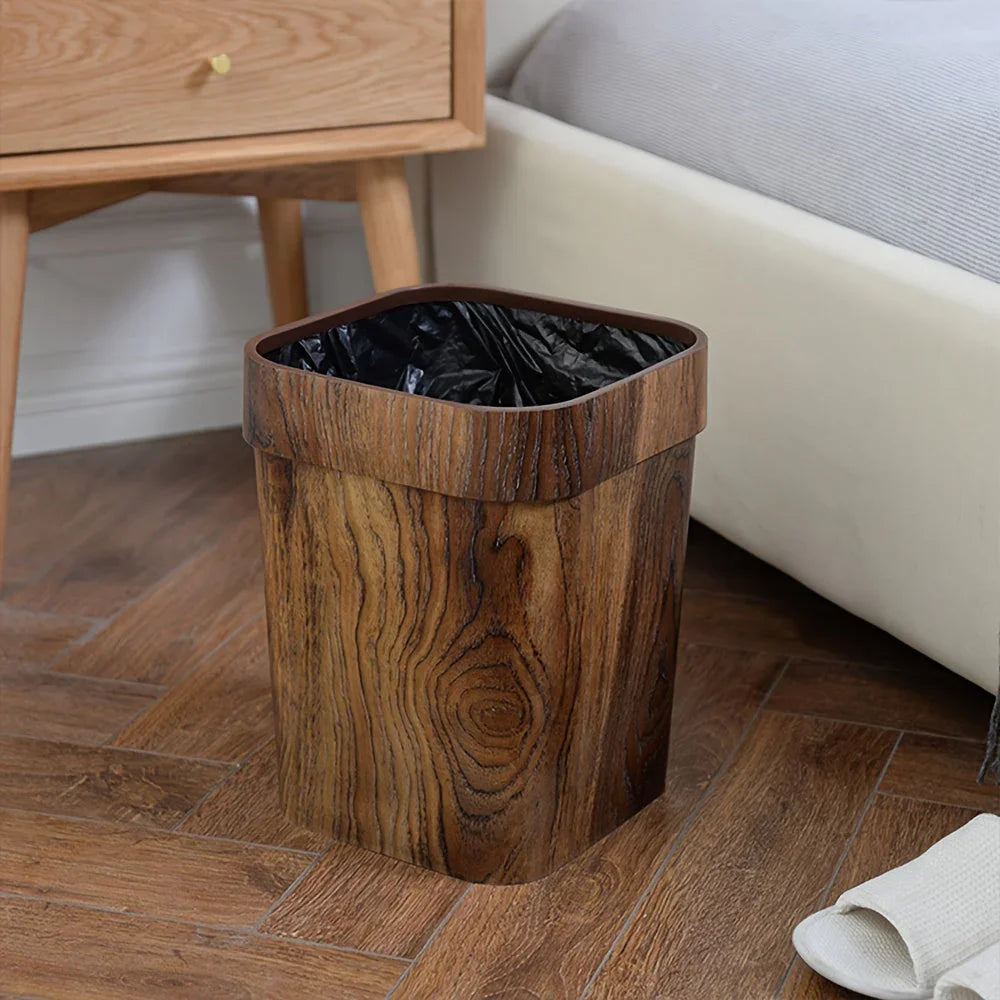 A Plastic Wood-grain Trash Can for the Kitchen, Hotel, Bedroom, Bathroom, Ktv, and Office., angled view - House Of Avana
