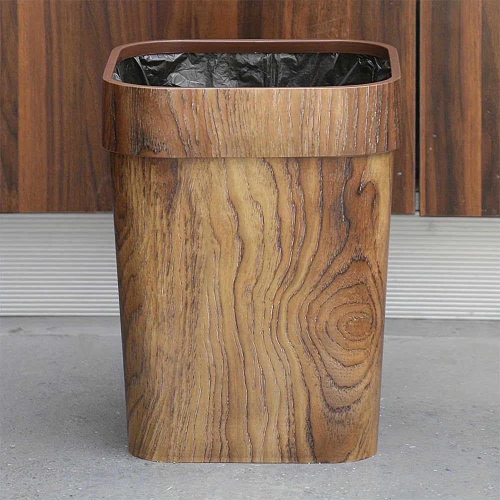 A Plastic Wood-grain Trash Can for the Kitchen, Hotel, Bedroom, Bathroom, Ktv, and Office., angled view - House Of Avana