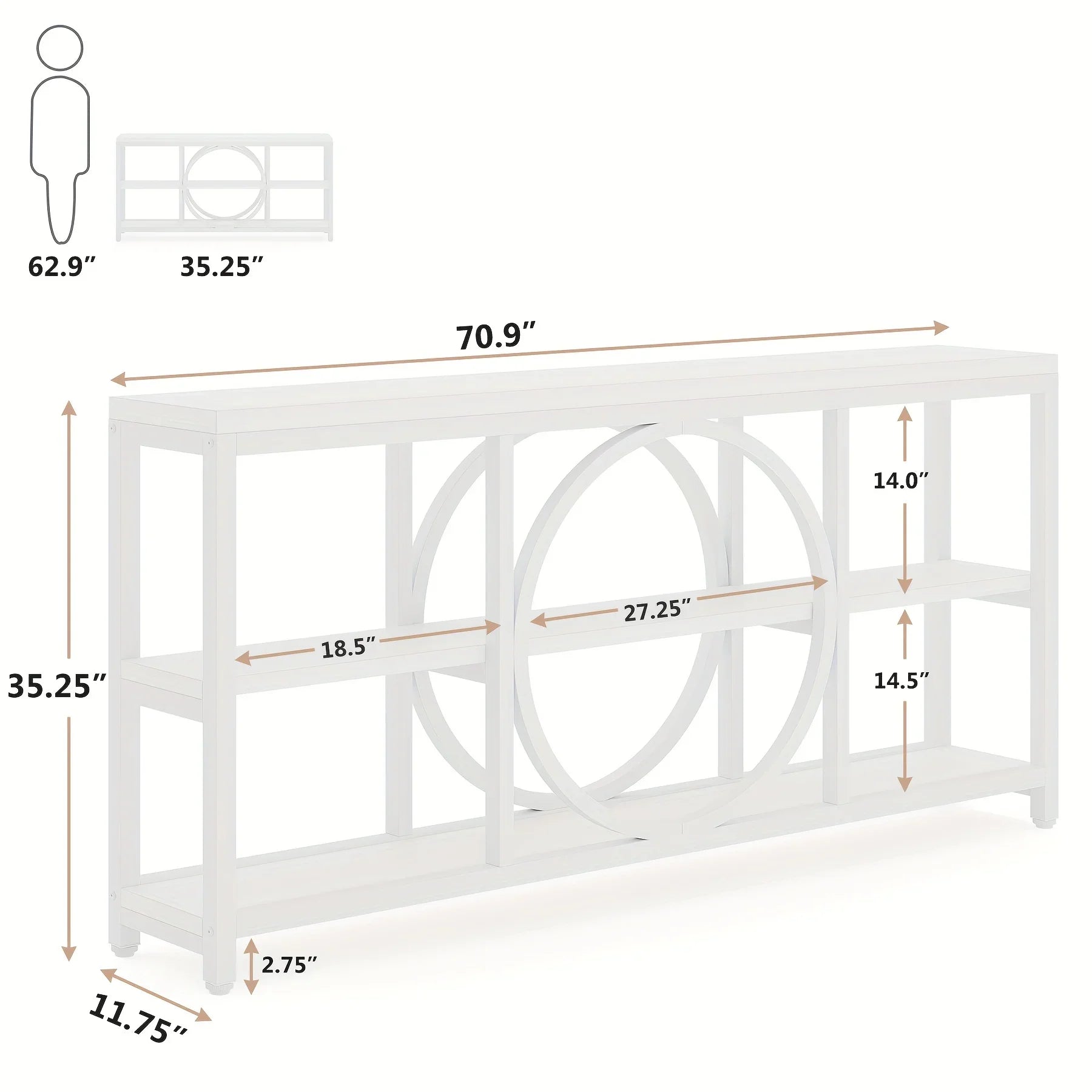 70.9 Inch Sofa Console Table, Extra Long Narrow Entryway Tables with Tier Wood Storage Shelves Metal... - House Of Avana
