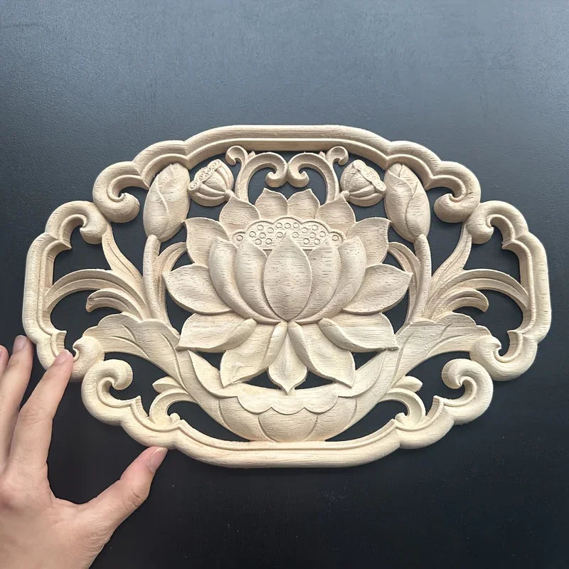 Traditional Oval Wood Carved for Lotus, Hollow Rubberwood, Unpainted Woodworking Supplies for Decorative... - House Of Avana