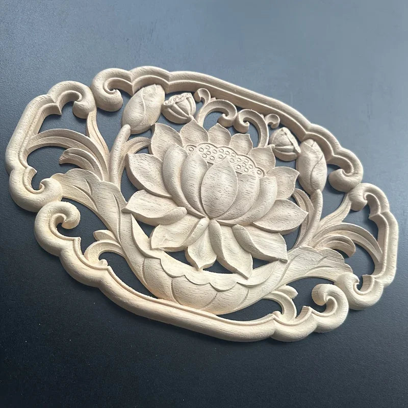 Traditional Oval Wood Carved for Lotus, Hollow Rubberwood, Unpainted Woodworking Supplies for Decorative... - House Of Avana