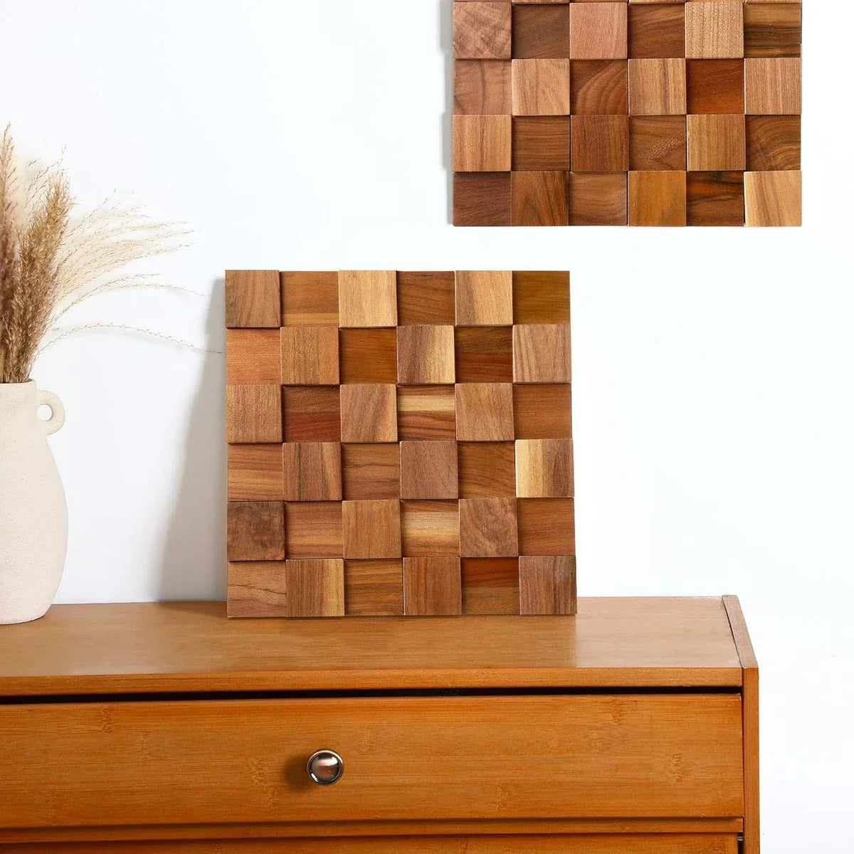 Rustic wooden wall art, 3D mosaic wood blocks, ready to hang - House of Avana