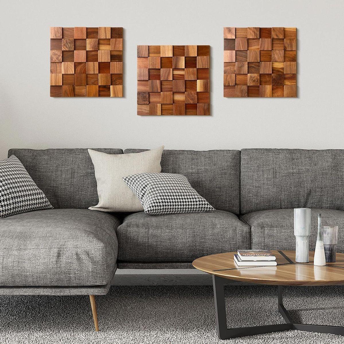 Rustic wooden wall art, 3D mosaic wood blocks, ready to hang - House of Avana