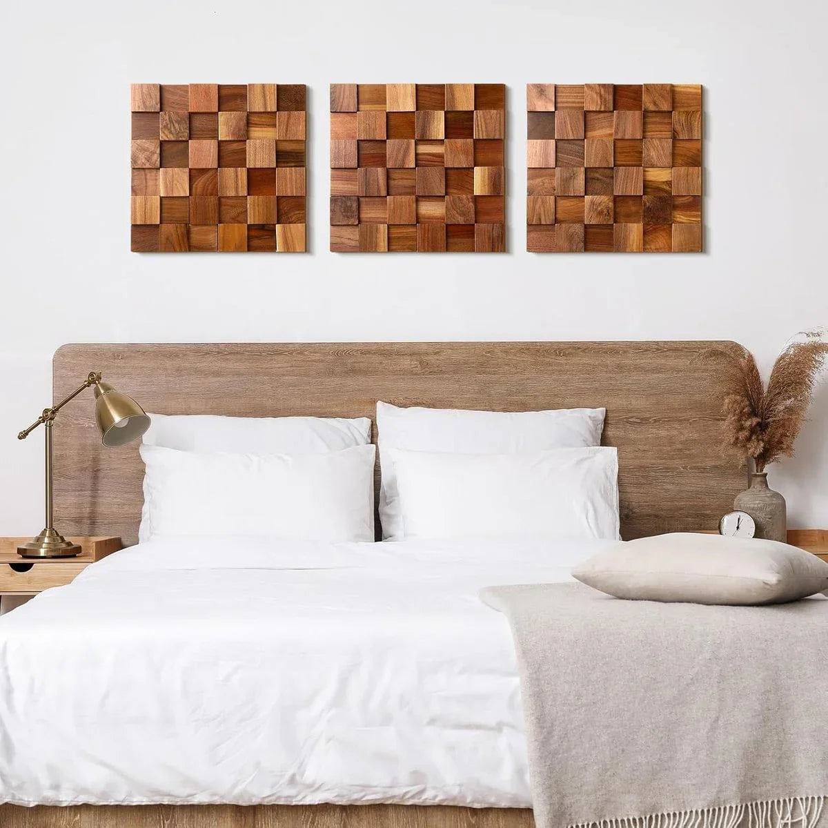 Rustic wooden wall art, 3D mosaic wood blocks, ready to hang - House of Avana