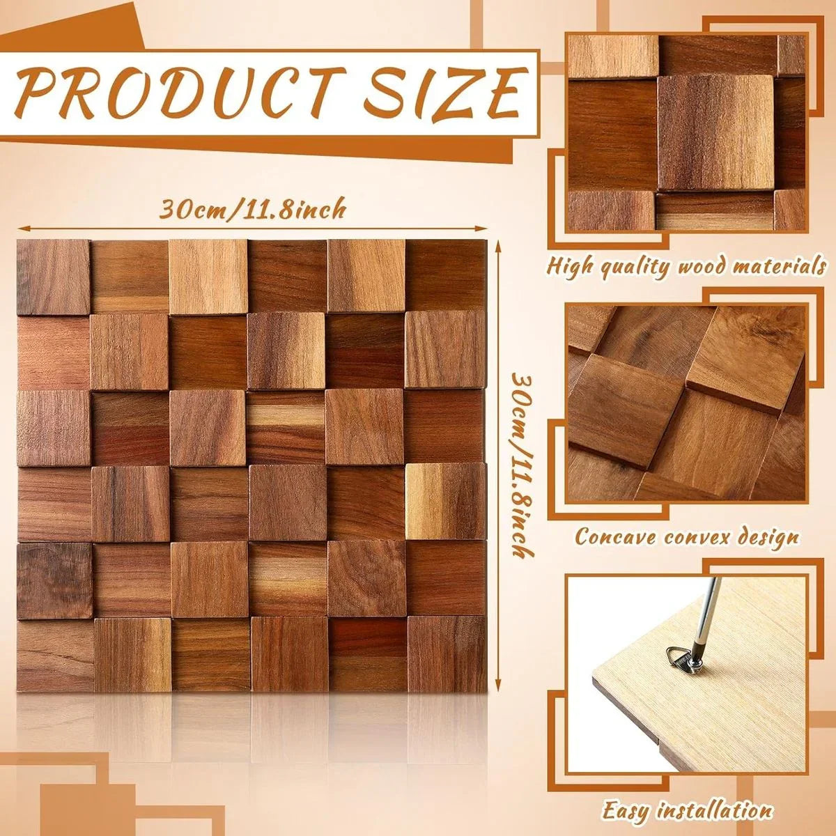 Rustic wooden wall art, 3D mosaic wood blocks, ready to hang - House of Avana