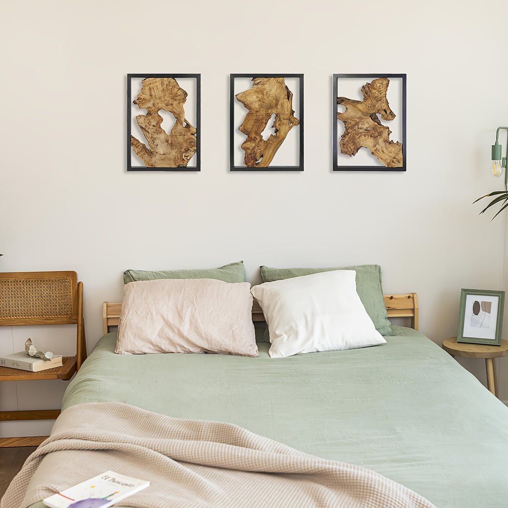 Wood Wall Decor, 12x16 Inch Metal Frame Wall Art, Set Of 3 Panels Wall Hangings, Rustic Large Wall Decor, Handmade Wood Art, Natural Wood Panels For A Unique Style, Abstract Wood And Metal Wall Art, Perfect For Living Room Wa House Of Avana