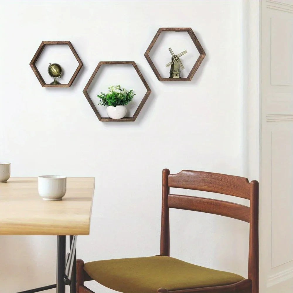 Wood Hexagon Floating Shelves Set of for Wall Storage, side view - House Of Avana