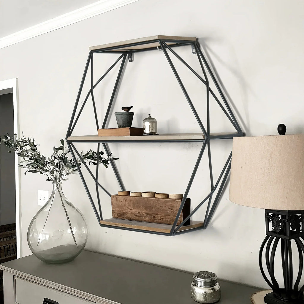 Wall Shelves - Floating Wood Hexagon, back view - House Of Avana