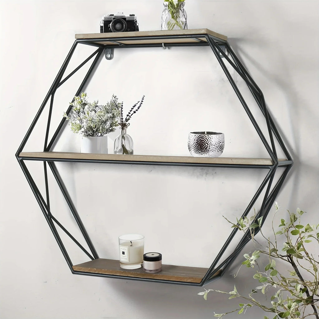 Wall Shelves - Floating Wood Hexagon, front view - House Of Avana
