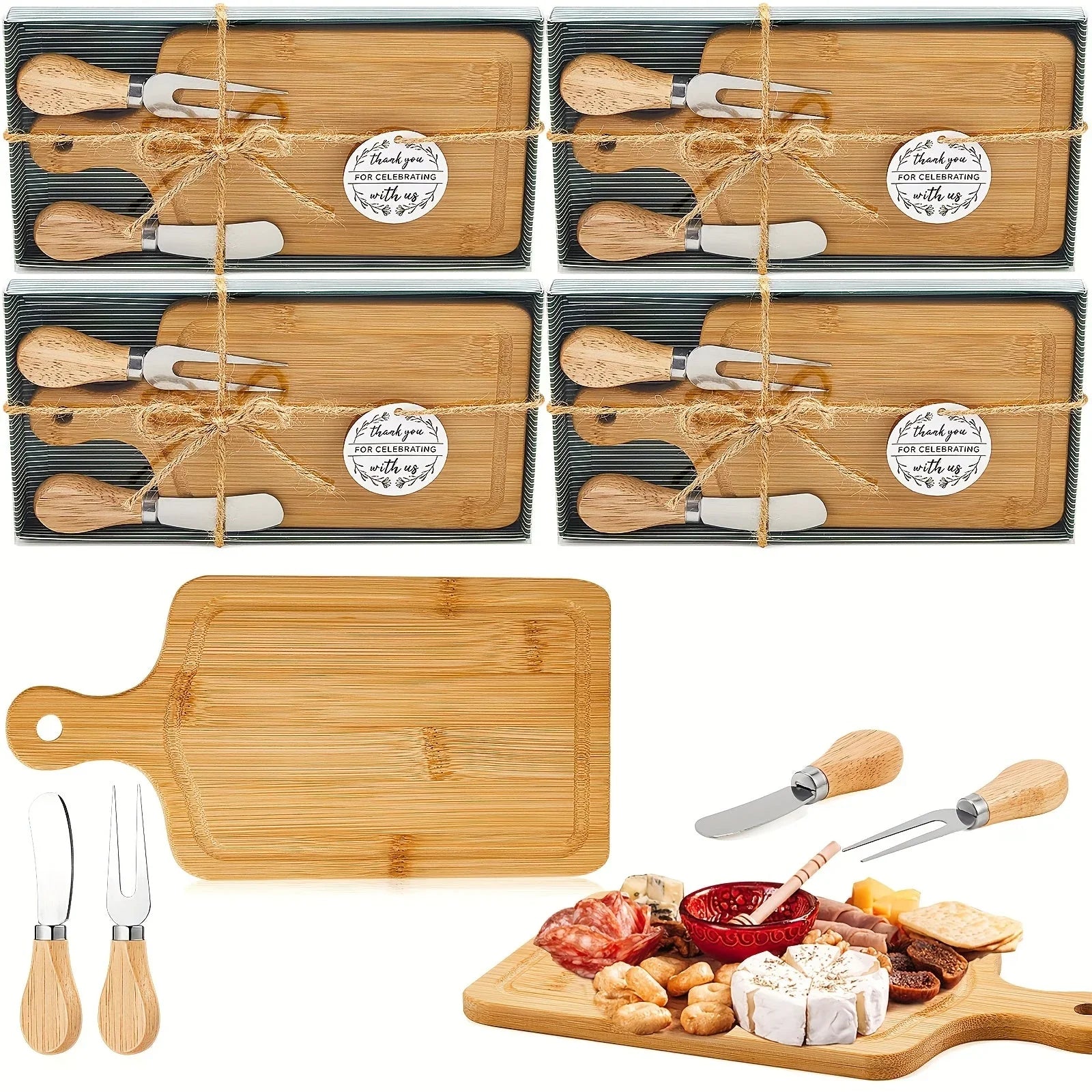 4 Set Bridal Shower Prizes Wooden Square Cheese Board Gift Set Knives Forks Thank You Tags with Box for... - House Of Avana
