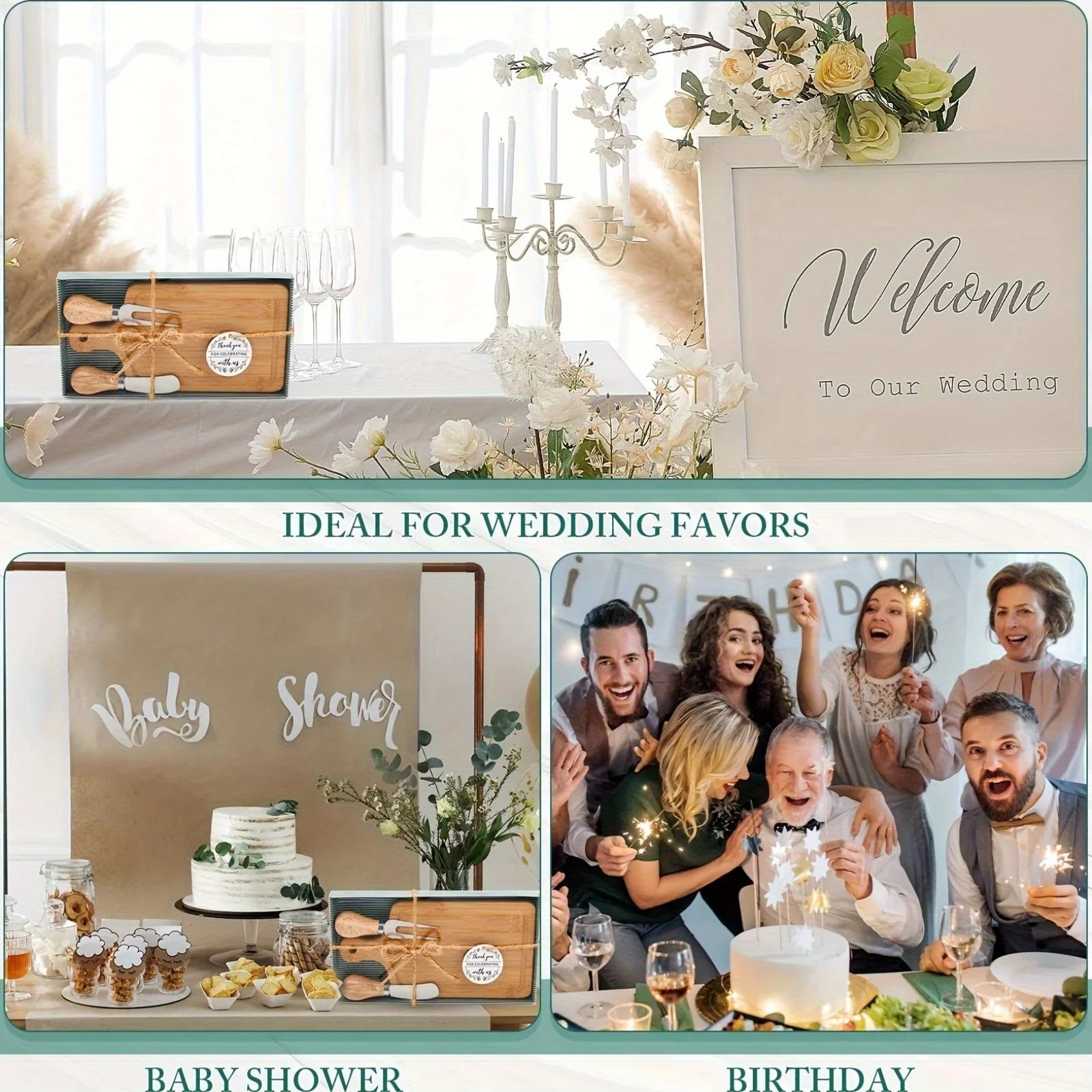 4 Set Bridal Shower Prizes Wooden Square Cheese Board Gift Set Knives Forks Thank You Tags with Box for... - House Of Avana