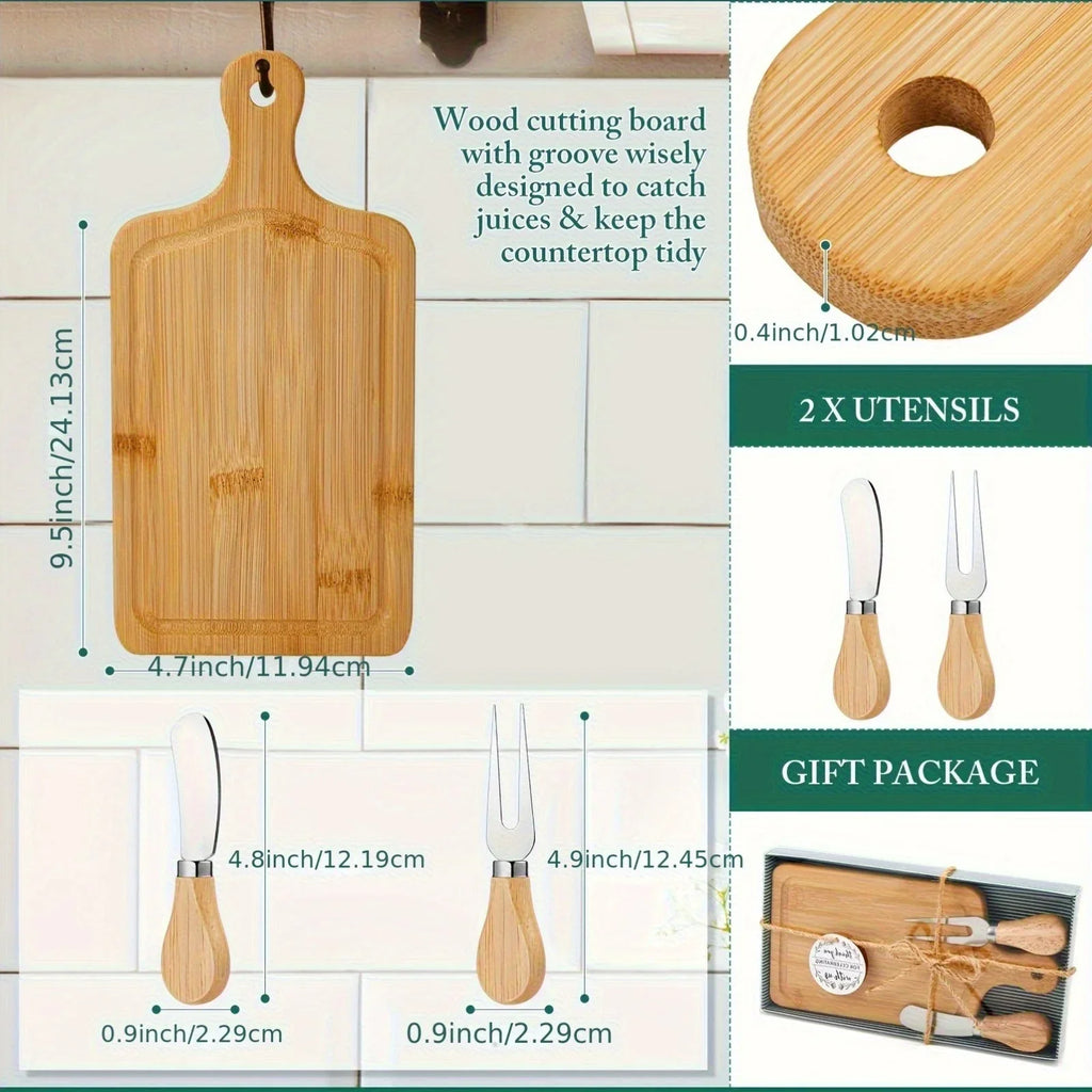 4 Set Bridal Shower Prizes Wooden Square Cheese Board Gift Set Knives Forks Thank You Tags with Box for... - House Of Avana