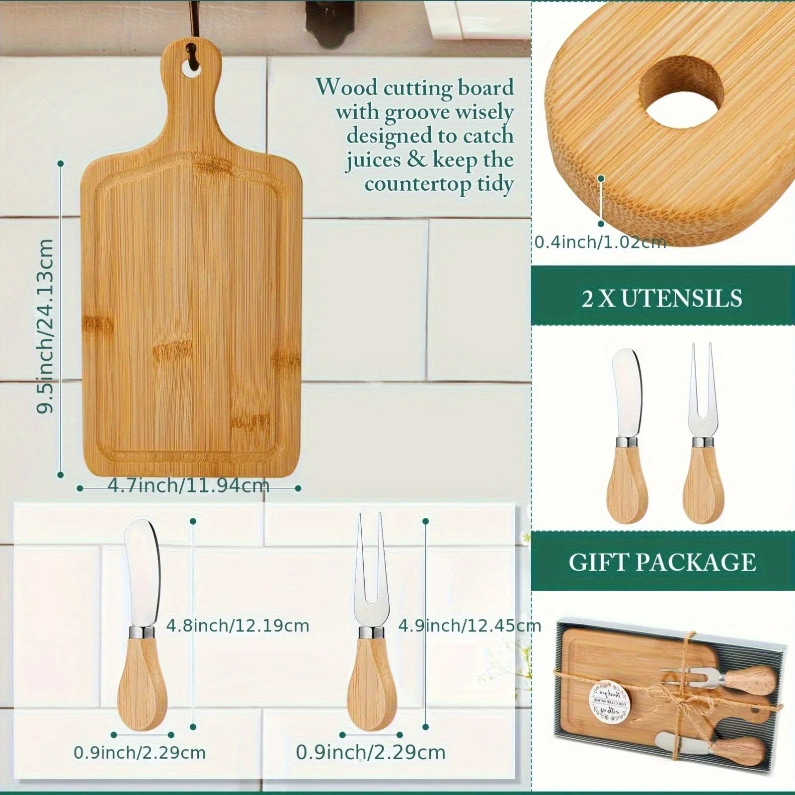 4 Set Bridal Shower Prizes Wooden Square Cheese Board Gift Set Knives Forks Thank You Tags with Box for... - House Of Avana