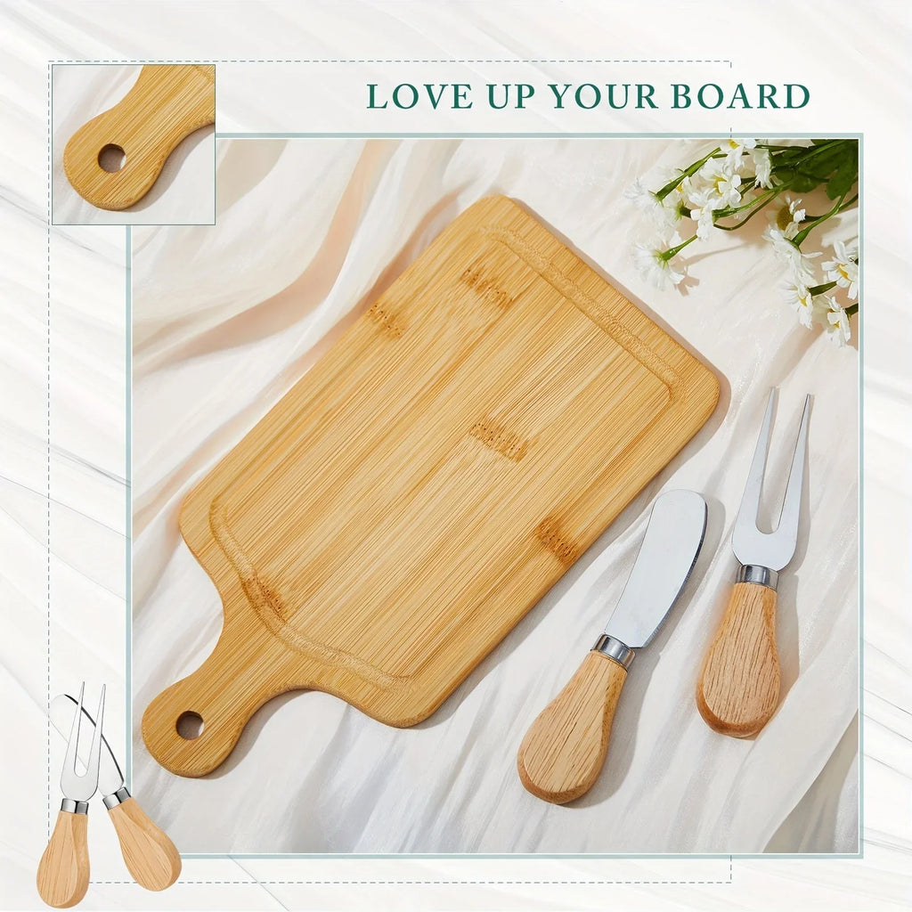 4 Set Bridal Shower Prizes Wooden Square Cheese Board Gift Set Knives Forks Thank You Tags with Box for... - House Of Avana