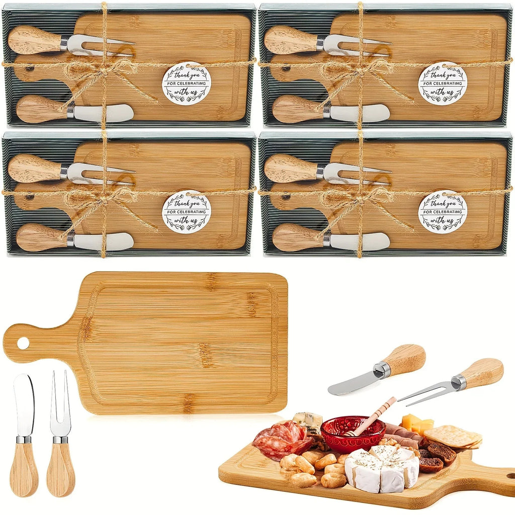 4 Set Bridal Shower Prizes Wooden Square Cheese Board Gift Set Knives Forks Thank You Tags with Box for... - House Of Avana