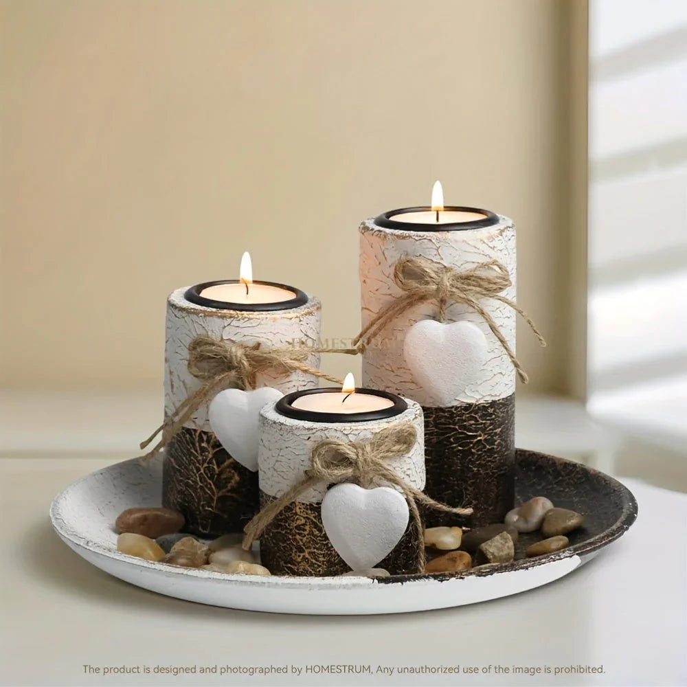 4pcs/ set Wooden Candle Holder Set, Tea Light Candle Holder Set, Hemp Knot Decoration and Decorative Stones, Round Plate Decorative Bowl, Perfect Home Decoration, Summer Gift, Independence Day Gift House Of Avana