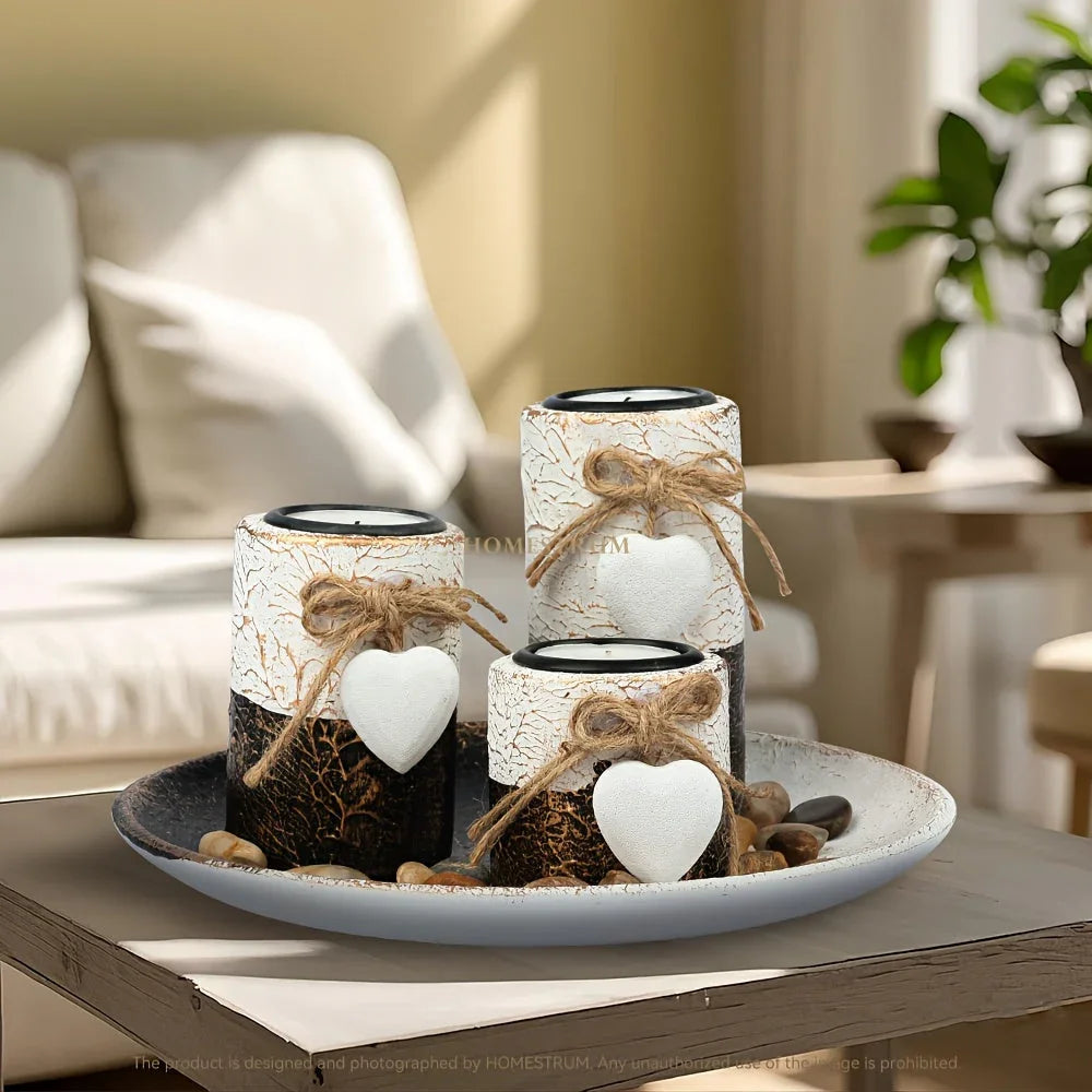 4pcs/ set Wooden Candle Holder Set, Tea Light Candle Holder Set, Hemp Knot Decoration and Decorative Stones, Round Plate Decorative Bowl, Perfect Home Decoration, Summer Gift, Independence Day Gift House Of Avana