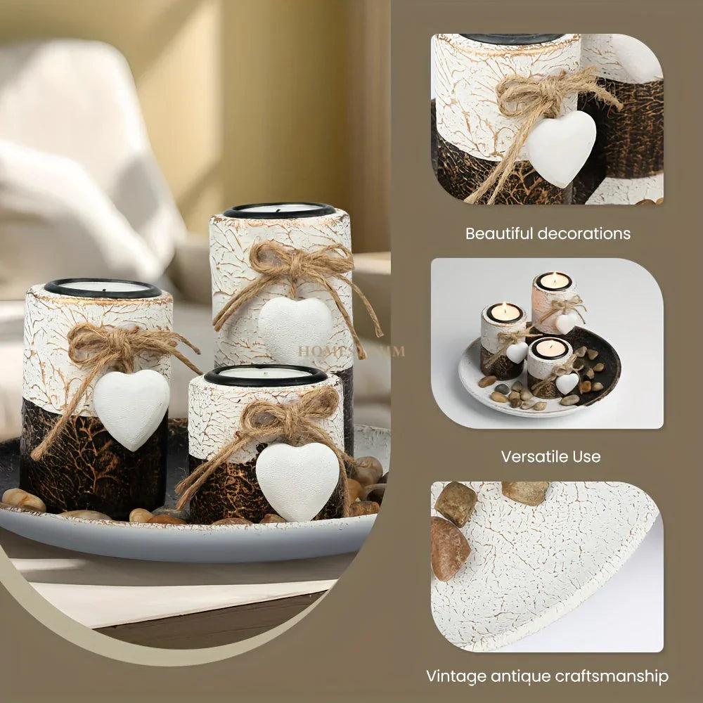 4pcs/ set Wooden Candle Holder Set, Tea Light Candle Holder Set, Hemp Knot Decoration and Decorative Stones, Round Plate Decorative Bowl, Perfect Home Decoration, Summer Gift, Independence Day Gift House Of Avana