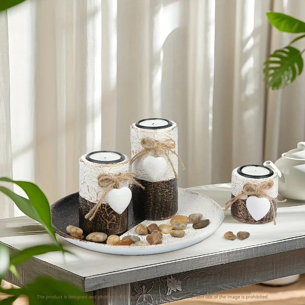 4pcs/ set Wooden Candle Holder Set, Tea Light Candle Holder Set, Hemp Knot Decoration and Decorative Stones, Round Plate Decorative Bowl, Perfect Home Decoration, Summer Gift, Independence Day Gift House Of Avana