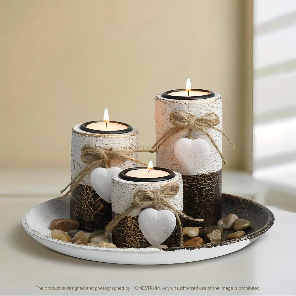 4pcs/ set Wooden Candle Holder Set, Tea Light Candle Holder Set, Hemp Knot Decoration and Decorative Stones, Round Plate Decorative Bowl, Perfect Home Decoration, Summer Gift, Independence Day Gift House Of Avana