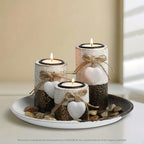 4pcs/ set Wooden Candle Holder Set, Tea Light Candle Holder Set, Hemp Knot Decoration and Decorative Stones, Round Plate Decorative Bowl, Perfect Home Decoration, Summer Gift, Independence Day Gift House Of Avana