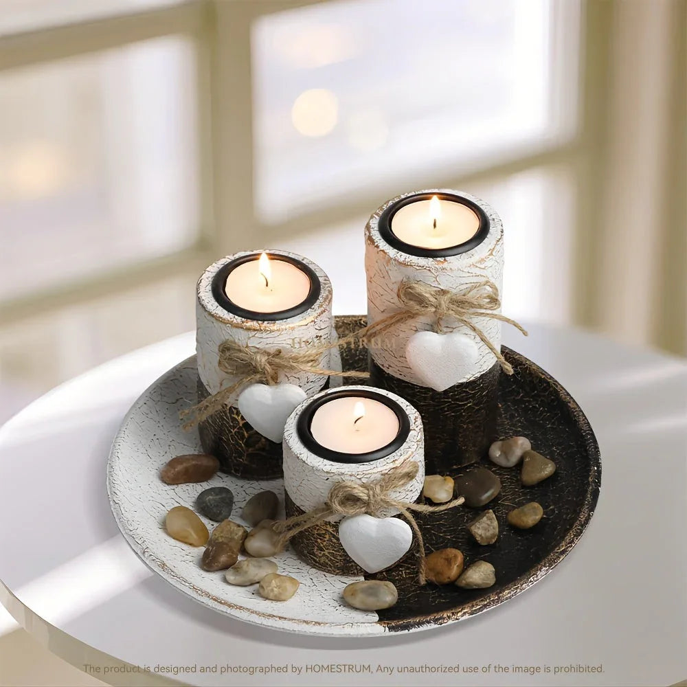 4pcs/ set Wooden Candle Holder Set, Tea Light Candle Holder Set, Hemp Knot Decoration and Decorative Stones, Round Plate Decorative Bowl, Perfect Home Decoration, Summer Gift, Independence Day Gift House Of Avana