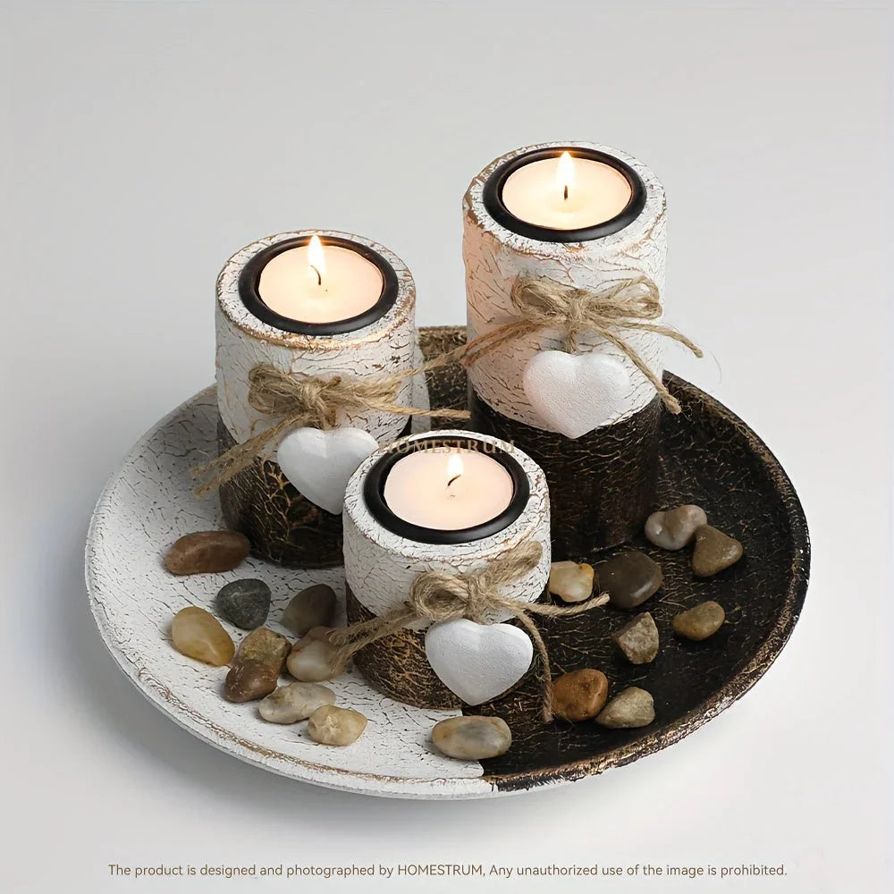 4pcs/ set Wooden Candle Holder Set, Tea Light Candle Holder Set, Hemp Knot Decoration and Decorative Stones, Round Plate Decorative Bowl, Perfect Home Decoration, Summer Gift, Independence Day Gift House Of Avana